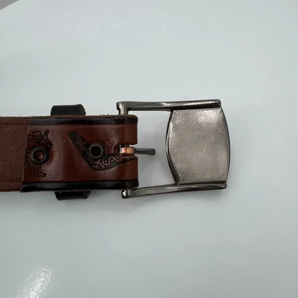 Australia Men's belt 42 brown tooled leather kangaroo copper tone buckle AU map